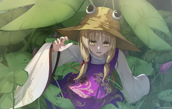 Шляпа, желтые глаза, Moriya Suwako, смотрит вверх, Touhou Project, Проект Восток, листья лотоса, выпученные глаза