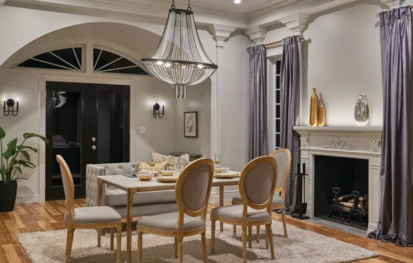 Ночь, дизайн, стиль, интерьер, камин, night, столовая, dining room