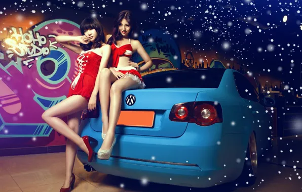 Авто, взгляд, Volkswagen, подарки, Эротика, азиатки, позируют, красивые девушки