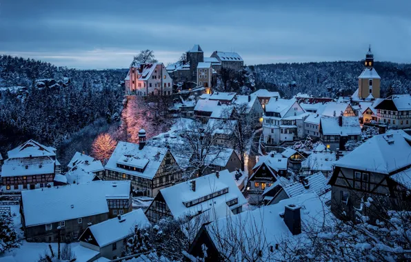 Картинка зима, снег, город, дома, вечер, Германия, Germany, район