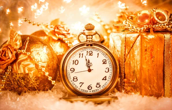 Картинка часы, подарки, Новый год, золотой, New Year