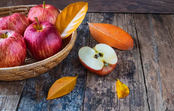 Картинка осень, листья, яблоки, wood, autumn, leaves, fruits, осенние