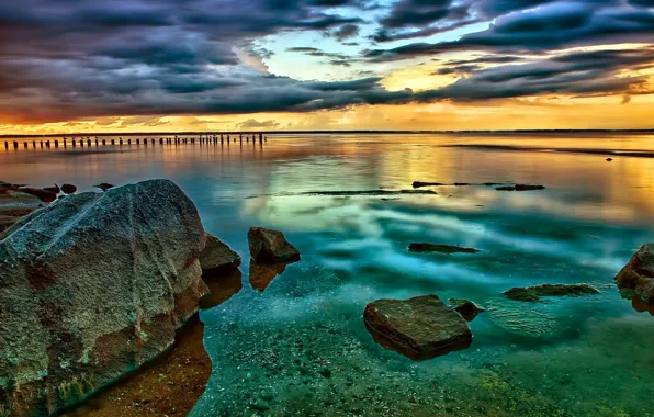 Картинка вода, закат, мост, камни, фото, пирс