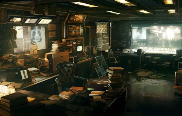 Картинка наука, книги, кабинет, Deus Ex: Human Revolution