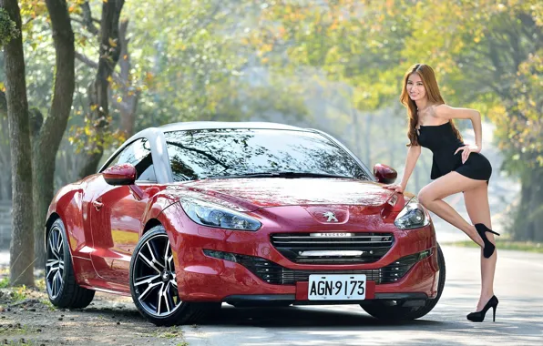 Взгляд, улыбка, Девушки, Peugeot, азиатка, красивая девушка, красный авто, позирует над машиной