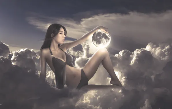 Girl, clouds, photoshop, asian
