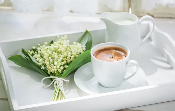 Картинка ландыши, букет, кофе, Shaiith, поднос