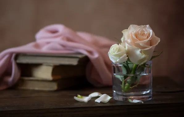 Стакан, книги, розы, ткань