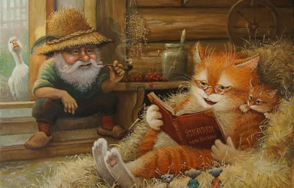 Картинка лето, кот, рисунок, сказка, арт, детская, Сказочки кота Кузьмы, Александр Маскаев