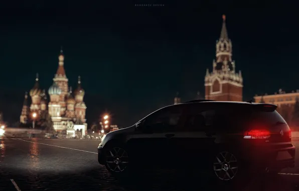 Volkswagen, art, красная площадь, машинa, ночь город, moskow