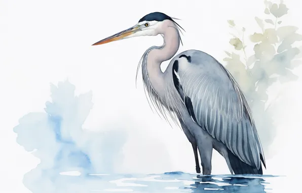 Птицы, птица, рисунок, акварель, bird, birds, цапля, красивая птица