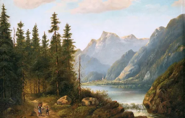 Горы, Деревья, Река, Люди, Картина, Австрийский художник-пейзажист, Эдуард Бем, Eduard Boehm