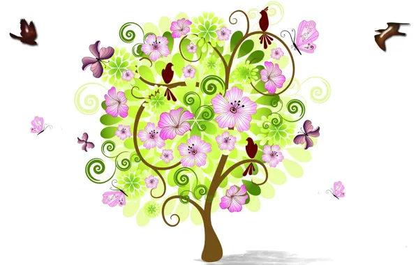 Картинка цветы, птицы, дерево, коллаж, весна