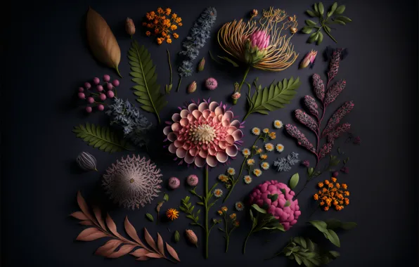 Картинка листья, цветы, dark, натюрморт, flowers, background, leaves, still life