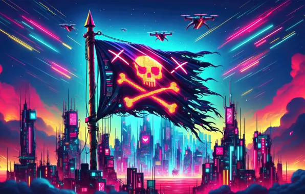 Flag, pirate, city, scifi