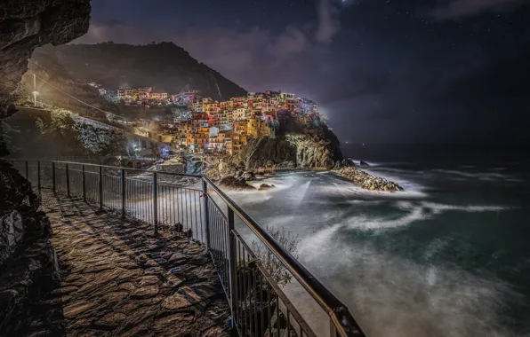 Море, скалы, побережье, здания, дома, вечер, Италия, Italy