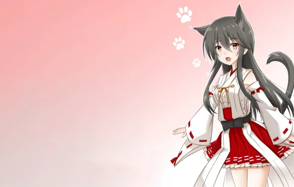 Girl, yukata, long hair, animal ears, anime, beautiful, red eyes, pretty