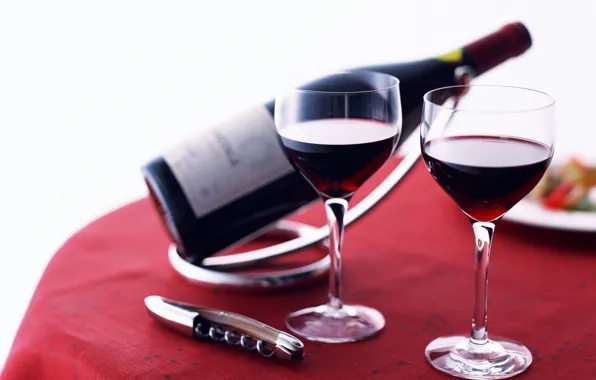 Картинка вино, красное, бутылка, столик, штопор, фужеры