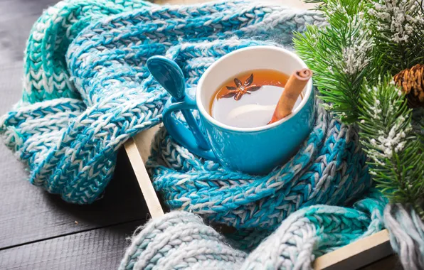 Ветки, чай, доски, шарф, Рождество, ложка, кружка, чашка