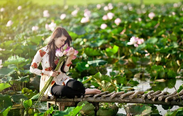 Картинка девушка, природа, лилии