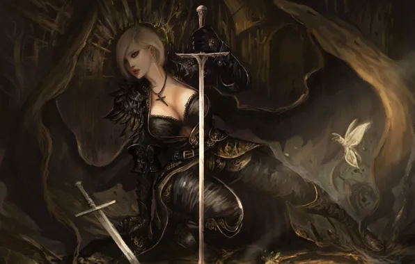 Девушка, меч, Lineage II, корни дерева