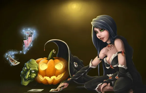 Карты, девушка, праздник, магия, маска, Halloween, тыква, Хеллоуин