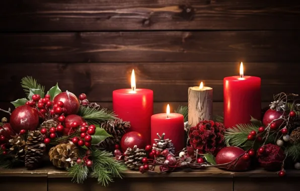 Украшения, шары, свечи, Новый Год, Рождество, red, new year, Christmas