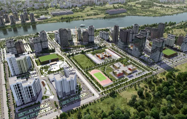 Деревья, река, здания, катер, жилой комплекс в городе Тюмень