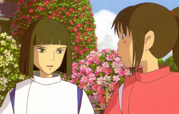 Картинка японская одежда, art, Hayao Miyazaki, цветник, Haku, Spirited Away, Унесенные призраками, в саду