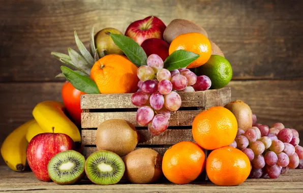 Картинка яблоки, апельсины, киви, виноград, фрукты, ящик, мандарины, ьананы