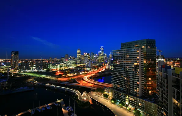 Ночь, огни, улица, небоскреб, дома, развязка, панорама, Melbourne
