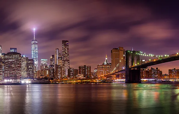 Нью-Йорк, панорама, Бруклинский мост, ночной город, Манхэттен, Manhattan, New York City, Brooklyn Bridge