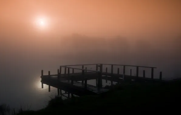 Солнце, деревья, туман, озеро, рассвет, берег, утро, Шотландия