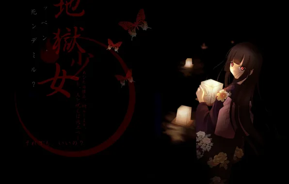 Картинка девушка, бабочки, свечи, иероглифы, кимоно