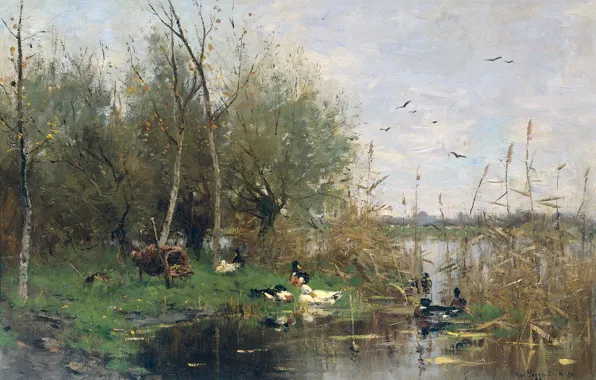 Птицы, масло, картина, холст, Озеро с Утками и Утиной Корзиной, Джордж Ян Хендрик Поггенбек, George …