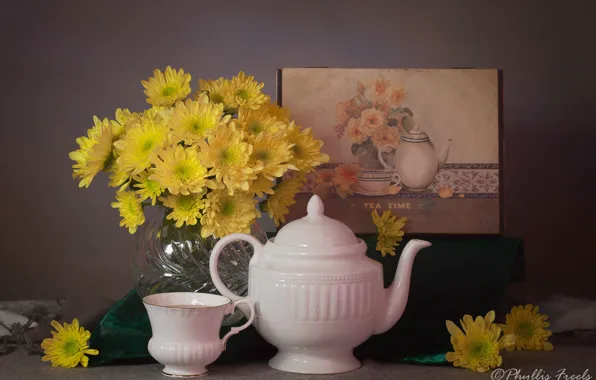 Картинка цветы, стиль, картина, чайник, чашка, натюрморт, хризантемы, жёлтые