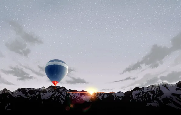Картинка горы, воздушный шар, рассвет