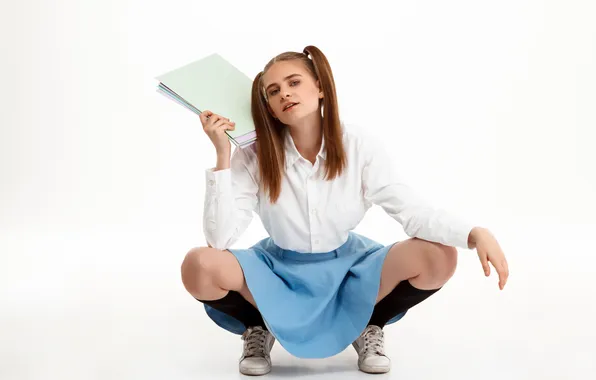 Girl, young, pretty, posing, uniform, emotional