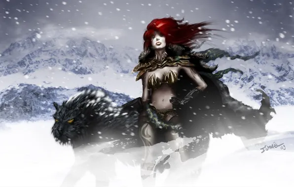 Картинка зима, девушка, волк, арт