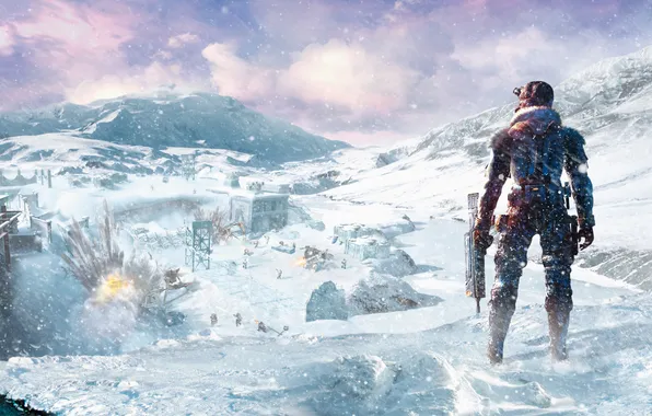 Картинка небо, снег, взрыв, база, автомат, Capcom, Уэйн, Lost Planet: Extreme Condition