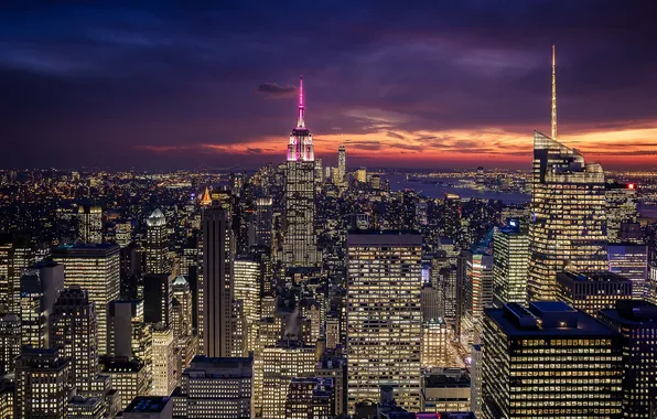 Картинка City, Clouds, Sky, Purple, New York, Night, Empire State Building, Architecture