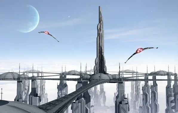 City, sky, clouds, stars, planet, spaceships, towers