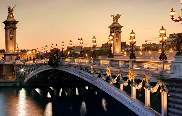 Картинка свет, город, река, Франция, Париж, вечер, фонари, Сена