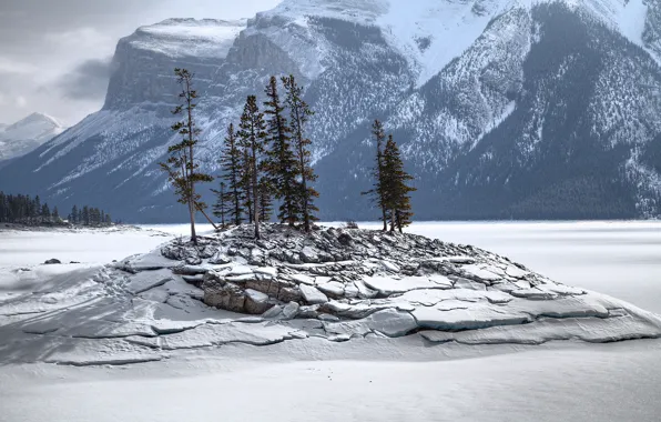 Картинка зима, снег, деревья, горы, скала, озеро, остров
