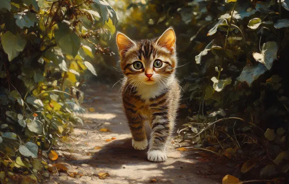 Кошка, взгляд, листья, свет, поза, котенок, сад, мордашка