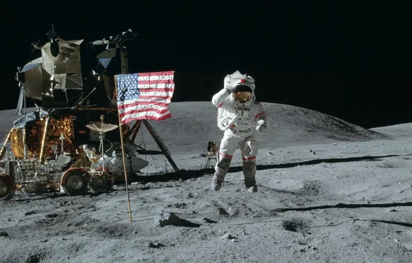 Картинка космос, прыжок, обои, луна, флаг, Космонавт, америка, сша