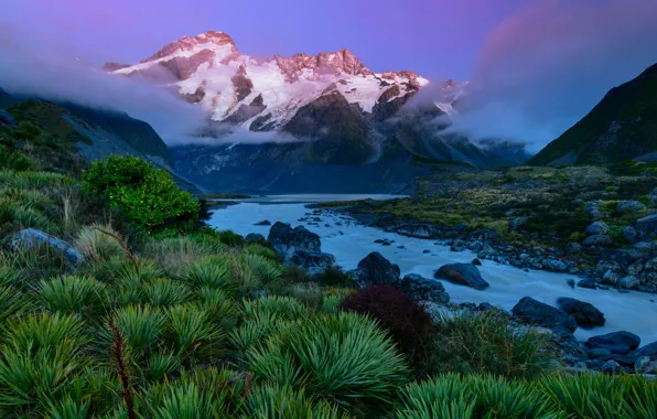 Облака, горы, река, Новая Зеландия, речка, New Zealand, mountains, Mount Cook National Park