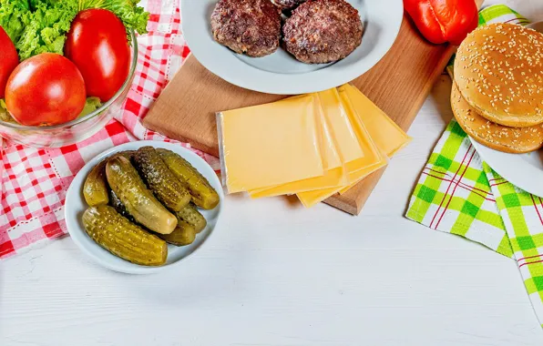 Сыр, овощи, огурцы, булочки, котлеты