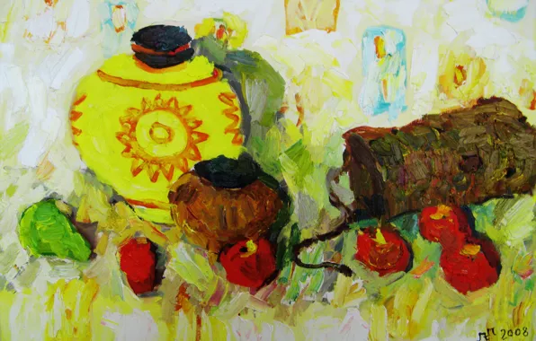 Картинка яблоки, 2008, груша, кувшин, натюрморт, ведерко, Петяев