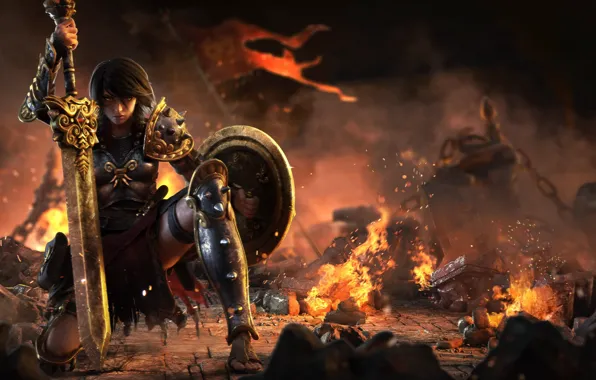 Sword, game, armor, woman, ken, blade, shield, Smite